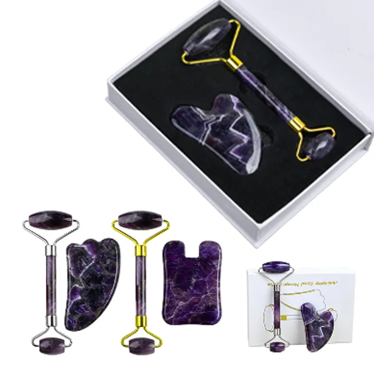 Natural Amethyst Jade Roller eta Gua Sha Aurpegiko Massager multzoa